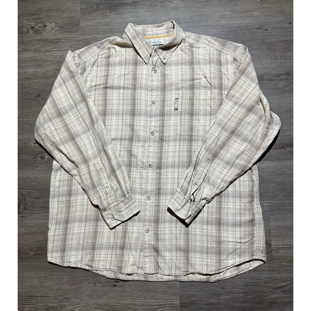 Columbia Men's XL Plaid Button Down Long Sleeve Shirt 100% Cotton Beige Brown